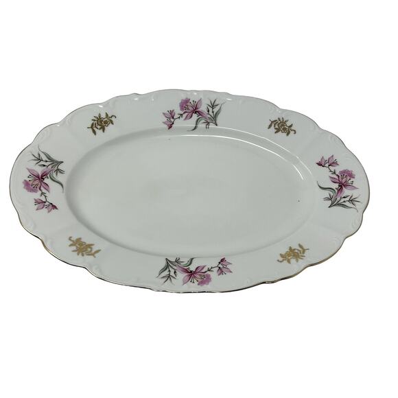 Fine Bohemian China Oval Platter Czechoslovakia 13 3/4" Vtg Pink Lily Gold Trim - Picture 2 of 8
